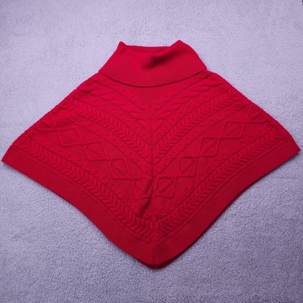 Talbots Sweater Womens Medium Red Turtleneck Poncho Cable Knit Cape Pullover